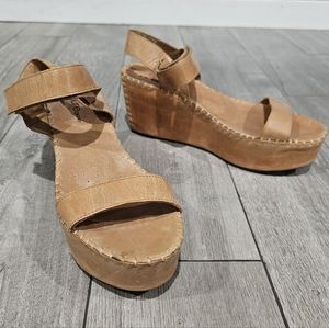 DKNY PURE Tan Leather Wrap Around Platform Open Toe Wedge Sandals 10M